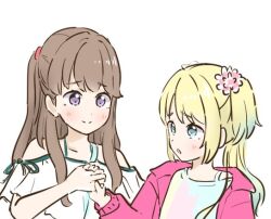 Rule 34 | 2girls, :o, aqua hair, blonde hair, blue eyes, blue shirt, blush, brown hair, check commentary, closed mouth, commentary request, eye contact, flower, fujishima megumi, gradient hair, hair flower, hair ornament, holding hands, jacket, link! like! love live!, long hair, looking at another, love live!, mira-cra park!, multicolored hair, multicolored shirt, multiple girls, off-shoulder shirt, off shoulder, open clothes, open jacket, osawa rurino, parted bangs, pink flower, pink jacket, pink shirt, purple eyes, shirt, simple background, smile, split mouth, tazaki masanobu, twintails, two side up, upper body, virtual youtuber, white background, white flower, white shirt, yellow shirt