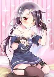 Rule 34 | 1girl, azur lane, bare shoulders, black hair, blush, bottomless, bridal veil, cassin (azur lane), collarbone, commentary request, dog tags, falling feathers, feathers, fingerless gloves, gloves, heart, heterochromia, jewelry, looking at viewer, low ponytail, mole, mole under eye, nya65, ornate ring, ring, shirt, sitting, solo, spoken heart, t-shirt, thigh strap, united states navy, veil, wariza, wedding ring
