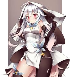 Rule 34 | 1girl, :&lt;, arm length gloves, artist request, asymmetrical legwear, blush, breasts, dress, eirudy, hand on own hip, hood, long hair, looking at viewer, mismatched legwear, pantyhose, raised finger, red eyes, sideboob, small breasts, thighhighs, very long hair, white dress, white hair, witch springs