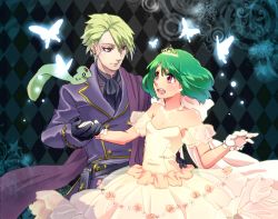 Rule 34 | 1boy, 1girl, ai-kun, alternate costume, alternate hairstyle, ascot, asymmetrical bangs, bare shoulders, black gloves, breasts, brera sterne, brother and sister, buttons, cero (cerocero), detached sleeves, double-breasted, dress, formal, gloves, green hair, hand on another&#039;s hip, hand up, looking at another, macross, macross frontier, open mouth, ranka lee, red eyes, see-through, short hair, siblings, small breasts, smile, strapless, tiara, white gloves
