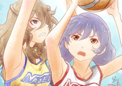 Rule 34 | 1girl, 2girls, aqua background, armpits, arms up, artist name, ball, basketball, basketball (object), basketball uniform, brown eyes, brown hair, clenched teeth, close-up, collarbone, commentary, dated, gradient background, grimace, hair between eyes, hair over one eye, hanamonogatari, hands up, holding, holding ball, huumoon, jersey, kanbaru suruga, long hair, looking afar, looking at object, low twintails, medium hair, monogatari (series), multiple girls, numachi rouka, open mouth, playing sports, purple hair, signature, slit pupils, sportswear, tank top, teeth, thick eyebrows, twintails, v-shaped eyebrows, wavy hair, white tank top, yellow tank top