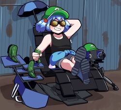 Rule 34 | 1girl, absurdres, blue eyes, blue hair, blue shirt, boots, camera, clothes around waist, delatoid, engineer (tf2), flat cap, goggles, green hat, hat, highres, jacket, jacket around waist, kawashiro nitori, medium hair, pickle, sentry, shirt, shoe soles, short twintails, shorts, sidelocks, sitting, smile, solo, tank top, team fortress 2, touhou, twintails, two side up, umbrella