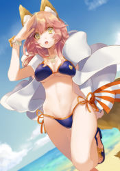 Rule 34 | 10s, 1girl, absurdres, animal ears, beach, bikini, blue bikini, blush, breasts, cleavage, cloud, cloudy sky, day, dutch angle, fate/extra, fate/grand order, fate (series), fox, fox ears, fox tail, hair between eyes, highres, hino hinako, large breasts, long hair, looking at viewer, navel, ocean, open mouth, outdoors, pink hair, sandals, shawl, side-tie bikini bottom, sky, solo, standing, standing on one leg, stomach, swimsuit, tail, tamamo (fate), tamamo no mae (fate/extra), tamamo no mae (swimsuit lancer) (fate), tamamo no mae (swimsuit lancer) (third ascension) (fate), yellow eyes