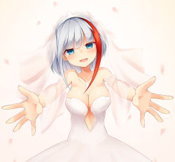 Rule 34 | 1girl, admiral graf spee (azur lane), azur lane, blue eyes, blunt bangs, breasts, bridal veil, cleavage, dress, head tilt, jewelry, large breasts, looking at viewer, multicolored hair, necklace, open mouth, osisio, outstretched arms, red hair, short hair, sidelocks, silver hair, smile, solo, strapless, strapless dress, streaked hair, tiara, upper body, veil, wedding dress, white dress