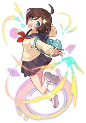 Rule 34 | 1girl, ahoge, aqua eyes, arms up, artist request, aura, backpack, bag, black sailor collar, black skirt, blush, brown hair, cardigan, collarbone, female focus, flat chest, from behind, full body, hair ornament, hairclip, happy, highres, jumping, leg up, long sleeves, looking at viewer, looking back, miniskirt, nagihara nao (world flipper), neckerchief, non-web source, official art, open mouth, outstretched arm, planet, planetary ring, pleated skirt, red neckerchief, sailor collar, school uniform, serafuku, shoes, short hair, sidelocks, simple background, skirt, smile, socks, solo, star (symbol), star hair ornament, transparent background, white footwear, white socks, world flipper, yellow cardigan