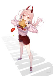 Rule 34 | 1girl, absurdres, biting, burger, chainsaw man, cucumber, cucumber slice, eating, food, highres, holding, holding food, horns, long hair, looking at viewer, para sitism, pink hair, power (chainsaw man), red shorts, shoes, shorts, simple background, solo, symbol-shaped pupils, tomato, tomato slice