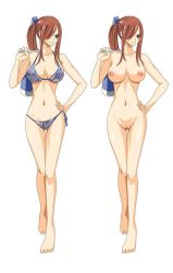 Rule 34 | 00s, 1girl, bag, bare arms, bare shoulders, bikini, blue bikini, blue bra, bra, breasts, breasts apart, brown eyes, carrying, closed mouth, collarbone, erza scarlet, fairy tail, full body, hair over one eye, hair tie, hand on own hip, hand up, happy, high ponytail, highres, holding, holding bag, large breasts, long hair, looking to the side, multiple views, navel, nipples, nude, one eye covered, panties, ponytail, pussy, red hair, side-tie panties, simple background, smile, solo, swimsuit, third-party edit, uncensored, underwear, walking, white background