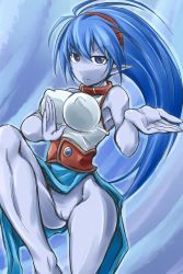 Rule 34 | blue hair, blue skin, breasts, celsius, celsius (tales), cleft of venus, colored skin, covered erect nipples, highres, large breasts, long hair, looking at viewer, nipples, nipples visible through clothes, no panties, pointy ears, pussy, tagme, tales of (series), tales of eternia, very long hair