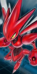 Rule 34 | claws, commentary request, creatures (company), game freak, gen 2 pokemon, glowing, highres, insect wings, nintendo, no humans, pokemon, pokemon (creature), scizor, solo, teo drill, tile floor, tiles, wings, yellow eyes