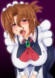 Rule 34 | 1girl, apron, blue dress, blush, breasts, brown hair, collared dress, cum, cum in mouth, cum on clothes, cum on tongue, dress, facial, folded ponytail, frilled apron, frills, hayate no gotoku!, heart, heart-shaped pupils, heart in eye, highres, juliet sleeves, large breasts, long dress, long hair, long sleeves, looking at viewer, maid, maid headdress, maria (hayate no gotoku!), parted bangs, ponponmaru, puffy sleeves, red eyes, solo, symbol-shaped pupils, symbol in eye, white apron