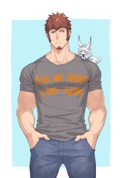 Rule 34 | 00047, 1boy, alternate costume, alternate hairstyle, bara, blue eyes, brown hair, cowboy shot, creature, denim, facial hair, fate/grand order, fate (series), fou (fate), goatee, grey shirt, jeans, large pectorals, long sideburns, male focus, mature male, muscular, muscular male, napoleon bonaparte (fate), on shoulder, pants, pectorals, scar, scar on chest, shirt, short hair, sideburns, solo