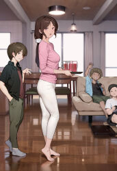 Rule 34 | 1girl, 3boys, absurdres, age difference, ass, barefoot, breasts, controller, couch, curtains, drink, game controller, glass, highres, holding, holding drink, holding plate, indoors, long hair, mature female, medium breasts, motherly netorare, multiple boys, original, plate, playing games, reflection, shirt, short hair, sitting, toes, window, wooden floor, yewang19