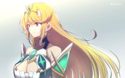 Rule 34 | 1girl, bare shoulders, blonde hair, breasts, chest jewel, cleavage, cleavage cutout, clothing cutout, highres, large breasts, long hair, mochimochi (xseynao), mythra (xenoblade), solo, swept bangs, very long hair, xenoblade chronicles (series), xenoblade chronicles 2, yellow eyes