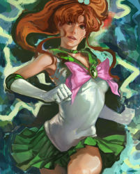 Rule 34 | 1990s (style), 1girl, bare shoulders, bishoujo senshi sailor moon, bow, breasts, breasts apart, brown hair, choker, elbow gloves, facing viewer, gloves, green eyes, green skirt, green theme, hair bobbles, hair ornament, high ponytail, k-bose, kino makoto, magical girl, parted lips, pink bow, pleated skirt, ponytail, realistic, retro artstyle, running, sailor jupiter, skirt, small breasts, solo, source request, white gloves