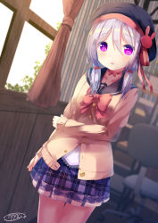Rule 34 | 1girl, absurdres, alternate costume, bad id, bad nicoseiga id, chinomaron, commentary request, curtains, highres, indoors, long sleeves, looking at viewer, low twintails, miniskirt, plaid, plaid skirt, purple eyes, purple hair, school uniform, short hair with long locks, skirt, solo, twintails, vocaloid, voiceroid, window, yuzuki yukari