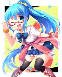 Rule 34 | 1girl, ;d, absurdly long hair, adjusting eyewear, art brush, black thighhighs, blue bow, blue bowtie, blue eyes, blue hair, blue skirt, blush, boots, bow, bowtie, breast pocket, breasts, cardigan, cardigan around waist, clothes around waist, collared shirt, commentary request, cross-laced footwear, frilled skirt, frills, glasses, hair between eyes, hair ornament, hairclip, hand on eyewear, high ponytail, holding, holding paintbrush, ikari (aor3507), knee boots, lace-up boots, leaning forward, long hair, looking at viewer, medium breasts, one eye closed, open mouth, original, paintbrush, pen in pocket, pink cardigan, pink footwear, plaid, plaid skirt, pleated skirt, pocket, polka dot, red-framed eyewear, red scrunchie, school uniform, scrunchie, shirt, short sleeves, sidelocks, skirt, smile, solo, standing, star (symbol), star hair ornament, thighhighs, very long hair, white shirt, wrist scrunchie, x-ray, yellow scrunchie