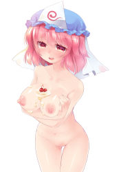 Rule 34 | 1girl, :d, between breasts, blush, breasts, cherry, cleft of venus, female focus, food, fruit, groin, hat, heart, heart-shaped pupils, highres, icing, large breasts, mvv, navel, nipples, nude, open mouth, pink eyes, pink hair, pussy, pussy juice, rancy, saigyouji yuyuko, short hair, simple background, smile, solo, symbol-shaped pupils, touhou, triangular headpiece, uncensored, white background