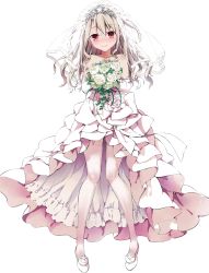 Rule 34 | 1girl, albino, bare shoulders, blush, bouquet, bridal veil, bride, collarbone, diadem, dress, elbow gloves, fate/kaleid liner prisma illya, fate (series), flower, frills, full body, garter straps, gloves, highres, hiroyama hiroshi, holding, illyasviel von einzbern, looking at viewer, official art, open mouth, petals, pigeon-toed, red eyes, smile, solo, standing, thighhighs, third-party edit, tiara, transparent background, veil, wedding dress, white thighhighs