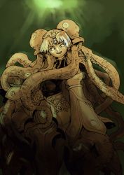 Rule 34 | 1girl, culdcept, endaness, green background, monochrome, sepia, solo, spot color, tentacles