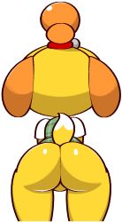 Rule 34 | 1girl, animal crossing, animal ears, body fur, bottomless, dog ears, dog girl, dog tail, female focus, from behind, furry, furry female, green vest, highres, isabelle (animal crossing), jaggy lines, leaning forward, nintendo, no pussy, plaid, plaid vest, shiny skin, shirt, short sleeves, simple background, solo, standing, tail, vest, vilepluff, white background, white shirt, yellow fur