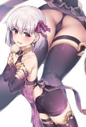 Rule 34 | 1girl, ass, bare shoulders, black panties, black thighhighs, blush, breasts, commentary request, detached sleeves, dress, earrings, fate/grand order, fate (series), hair between eyes, hair ribbon, highres, jewelry, jp06, kama (fate), kama (first ascension) (fate), looking at viewer, multiple views, nail polish, panties, pink nails, purple dress, red eyes, red ribbon, ribbon, short hair, silver hair, simple background, sleeveless, sleeveless dress, small breasts, smile, thighhighs, underwear, white background