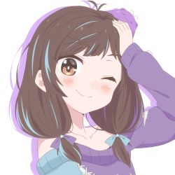 Rule 34 | 1girl, absurdres, antenna hair, arm up, blob, blue bow, blue hair, blue sweater, blush, bow, brown eyes, brown hair, centi (nimu), closed mouth, hair bow, hand on own head, highres, indie virtual youtuber, long hair, looking at viewer, low twintails, multicolored clothes, multicolored hair, multicolored sweater, nimu (vtuber), off-shoulder sweater, off shoulder, patrick fche, purple bow, purple hair, purple sweater, second-party source, simple background, smile, streaked hair, sweater, twintails, virtual youtuber, white background