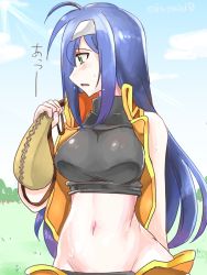 Rule 34 | 1girl, bare shoulders, blue hair, blush, breasts, fire emblem, fire emblem: radiant dawn, green eyes, groin, hairband, long hair, looking to the side, mia (fire emblem), midriff, navel, nintendo, open clothes, open mouth, sleeveless, solo, tank top, yukia (firstaid0)