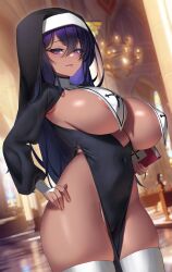 Rule 34 | 1girl, absurdres, anima (togashi), areola slip, black headwear, blurry, blurry background, book, breast curtains, breasts, church, closed mouth, covered navel, dark-skinned female, dark skin, habit, hand on own hip, highres, holding, large breasts, long hair, long sleeves, looking at viewer, nun, original, pelvic curtain, purple eyes, purple hair, solo, thighhighs, thighs, white thighhighs