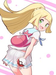 Rule 34 | 1girl, backpack, bag, blonde hair, blue sailor collar, blunt bangs, commentary, cougar (cougar1404), cowboy shot, creatures (company), from behind, game freak, green eyes, holding, holding poke ball, leaning forward, lillie (pokemon), long hair, looking at viewer, looking back, miniskirt, nintendo, open mouth, pleated skirt, poke ball, poke ball (basic), pokemon, pokemon sm, ponytail, sailor collar, shirt, short sleeves, single horizontal stripe, skirt, smile, solo, standing, white shirt, white skirt