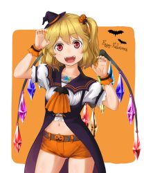 Rule 34 | 1girl, alternate costume, ascot, bat (animal), belt, blonde hair, brooch, commentary request, cowboy shot, fangs, flandre scarlet, hair ornament, halloween, halloween costume, hat, highres, jack-o&#039;-lantern, jack-o&#039;-lantern hair ornament, jewelry, kitano (kitanosnowwhite), mini hat, mini witch hat, nail polish, open mouth, puffy short sleeves, puffy sleeves, red eyes, shirt, short sleeves, shorts, side ponytail, slit pupils, smile, solo, tailcoat, thighs, touhou, wings, witch hat, wrist cuffs, yellow nails