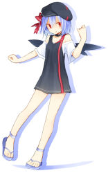 Rule 34 | 1girl, alternate costume, black choker, black dress, black headwear, blue hair, choker, clenched hands, dress, drop shadow, flip-flops, full body, hand up, kazeharu, looking at viewer, off-shoulder shirt, off shoulder, outstretched arm, red eyes, remilia scarlet, sandals, shirt, short dress, short sleeves, solo, spear the gungnir, touhou, white background, white shirt, wings
