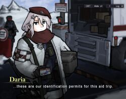 Rule 34 | 1boy, 1girl, 9a-91, 9a-91 (girls&#039; frontline), alternate costume, assault rifle, beret, blue eyes, box, card, codename: bakery girl, commentary, english commentary, english text, girls&#039; frontline, gnom na korable, grey hair, griffin &amp; kryuger, gun, gun sling, hair ornament, hat, highres, holding, holding box, holding card, holding gun, holding weapon, id card, jacket, motor vehicle, red scarf, reverse collapse (series), rifle, russian text, scarf, scope, sign, star (symbol), star hair ornament, translated, truck, warning sign, weapon, white jacket