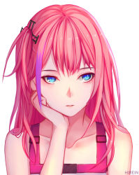 Rule 34 | 1girl, alternate costume, artist name, bare arms, blue eyes, buckle, collarbone, dress, girls&#039; frontline, hair between eyes, hair ornament, hand on own cheek, hand on own face, highres, hirein, long hair, looking away, multicolored hair, one side up, parted lips, pink hair, side ponytail, sidelocks, solo, st ar-15 (girls&#039; frontline), strap, streaked hair, white background