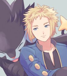 Rule 34 | 1boy, blonde hair, blue eyes, blue jacket, closed mouth, collarbone, commentary request, creatures (company), game freak, gen 4 pokemon, grey background, highres, jacket, komasawa (fmn-ppp), looking to the side, luxray, male focus, nintendo, open clothes, open jacket, pants, pokemon, pokemon (creature), pokemon dppt, shirt, short hair, smile, volkner (pokemon)