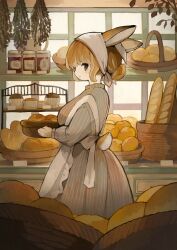 Rule 34 | 1girl, :|, absurdres, animal ears, apron, baguette, bakery, basket, black eyes, bowl, bread, breasts, closed mouth, commentary, double bun, dress, english commentary, food, from side, hair bun, head scarf, highres, holding, indoors, jam, jitome, looking at viewer, looking to the side, medium breasts, muffin, original, pinstripe dress, pinstripe pattern, profile, rabbit, rabbit ears, rabbit tail, revision, sakutake (ue3sayu), shelf, shop, short hair, solid eyes, solo, standing, tail, white apron