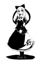 Rule 34 | 1girl, boots, bow, dress, female focus, front ponytail, full body, greyscale, hair bow, hair ornament, hair ribbon, hakano shinshi, kagiyama hina, long hair, looking at viewer, monochrome, ribbon, shadow, simple background, smile, solo, touhou, white background