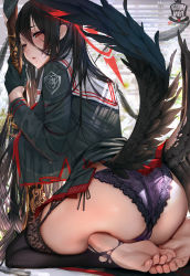Rule 34 | 1girl, ass, barefoot, black gloves, black hair, black shirt, black skirt, black thighhighs, black wings, window blinds, blue archive, blush, breasts, commentary, feathered wings, feet, flower, from behind, garter straps, gloves, gtunver, gun, hair between eyes, halo, hasumi (blue archive), highres, holding, holding gun, holding weapon, huge breasts, indoors, long hair, long sleeves, looking at viewer, looking back, low wings, mole, mole under eye, panties, parted lips, purple panties, red eyes, sailor collar, see-through silhouette, shirt, side-tie panties, sitting, skirt, soles, solo, thighhighs, toenails, toes, twitter username, underwear, very long hair, weapon, white flower, white sailor collar, wings