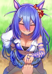 Rule 34 | 1boy, 1girl, animal ears, arm at side, blue hair, blush, breasts, cleavage, closed eyes, ear scrunchie, feet out of frame, fist bump, from above, hair ornament, hairclip, hand on own hip, hcstyrus ii, highres, hishi amazon (umamusume), horse ears, horse girl, legs apart, long hair, looking at viewer, medium breasts, midriff, navel, nose blush, orange eyes, outdoors, pov, shadow, single sleeve, skirt, smile, solo focus, standing, sweat, trainer (umamusume), umamusume, v-shaped eyebrows, white skirt