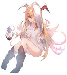 Rule 34 | 1girl, arm up, bat wings, black socks, blonde hair, blush, collarbone, collared shirt, commentary request, dress shirt, frilled shirt collar, frills, full body, granblue fantasy, hair between eyes, head wings, highres, kneehighs, knees up, lantern, long hair, long sleeves, looking at viewer, no shoes, parted lips, red eyes, red wings, shirt, simple background, sitting, sleeves past wrists, socks, solo, tota (sizukurubiks), vampy, very long hair, white background, white shirt, wings