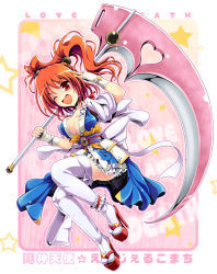 Rule 34 | 1girl, breasts, cleavage, female focus, hair bobbles, hair ornament, high heels, highres, ichirino minagi, large breasts, magical girl, onozuka komachi, open shoes, platform clogs, platform footwear, platform heels, red eyes, red hair, scythe, shoes, short hair, solo, thighhighs, touhou, twintails, two side up, white thighhighs