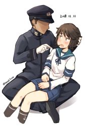 Rule 34 | 1boy, 1girl, admiral (kancolle), arm warmers, black hair, blue sailor collar, blue skirt, brown eyes, couple, cropped legs, dated, eye contact, faceless, faceless male, feeding, food, kantai collection, looking at another, miyuki (kancolle), open mouth, pleated skirt, pocky, pocky day, sailor collar, sakura (medilore), school uniform, serafuku, short hair, simple background, sitting, sitting on lap, sitting on person, skirt, twitter username, white background
