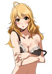 Rule 34 | 1girl, :o, absurdres, ahoge, bare arms, bare shoulders, black bra, blonde hair, blue eyes, blush, bra, breast hold, breasts, cleavage, collarbone, commentary, crossed arms, fingernails, green eyes, head tilt, highres, hoshii miki, idolmaster, idolmaster (classic), kurokin, large breasts, long fingernails, long hair, looking at viewer, navel, open mouth, parted lips, polka dot, polka dot bra, simple background, sketch, solo, strap slip, underwear, upper body, white background