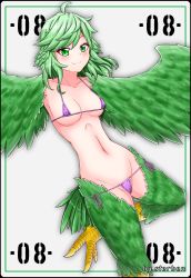 Rule 34 | 1girl, ahoge, artist name, bikini, bird legs, blush, breasts, commentary request, covered erect nipples, feathered wings, feathers, green eyes, green feathers, green hair, green wings, harpy, highres, long hair, looking at viewer, medium breasts, micro bikini, monster girl, navel, original, purple bikini, slit pupils, smile, sterben (sterben dead), swimsuit, talons, winged arms, wings
