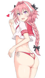 Rule 34 | 1boy, :d, ass, ass cutout, astolfo (fate), astolfo (sailor paladin) (fate), backless panties, black bow, blush, bow, braid, butt crack, clothing cutout, cowboy shot, crop top, fang, fate/apocrypha, fate/grand order, fate (series), from side, hair bow, hair intakes, hand up, heart, heart cutout, highres, long hair, looking at viewer, looking to the side, male focus, multicolored hair, no pants, official alternate costume, open mouth, panties, pants, pink hair, purple eyes, ray (zxasqw66), red pants, red sailor collar, ribbon, sailor collar, school uniform, shiny skin, shirt, short sleeves, side-tie panties, simple background, single braid, skin fang, smile, solo, standing, streaked hair, thighs, trap, two-tone hair, underwear, v, v-shaped eyebrows, very long hair, white background, white hair, white ribbon, white shirt