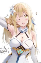 Rule 34 | 1boy, 1girl, ;d, aether (genshin impact), bare shoulders, blonde hair, blush, breasts, chibi, chibi inset, cleavage, commentary request, detached sleeves, dress, flower, genshin impact, hair flower, hair ornament, hand in own hair, hand up, highres, keenh, large breasts, long hair, lumine (genshin impact), one eye closed, open mouth, smile, solo focus, sparkle, star (symbol), thumbs up, white dress, white flower, white sleeves, yellow eyes
