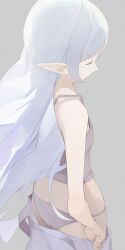 Rule 34 | 1girl, breasts, butt crack, closed eyes, dressing, elf, frieren, grey background, grey panties, hair down, highres, hiroki (yyqw7151), long hair, panties, pointy ears, simple background, small breasts, solo, sousou no frieren, thick eyebrows, underwear