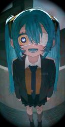 1girl aqua_hair black_footwear black_skirt blue_eyes blue_necktie eyepatch frost_fog hatsune_miku heart heart-shaped_pupils highres loafers long_hair looking_at_viewer medical_eyepatch monitoring_(vocaloid) necktie open_mouth pleated_skirt pov_peephole ringed_eyes school_uniform shoes skirt smile solo symbol-shaped_pupils twintails very_long_hair vocaloid