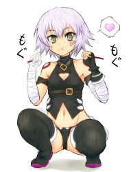 Rule 34 | 1girl, :t, awayuki tobari, bandaged arm, bandages, bare shoulders, black footwear, black gloves, black panties, boots, breasts, brown eyes, buckle, cleavage cutout, closed mouth, clothing cutout, collarbone, eating, eyebrows, fate/apocrypha, fate/grand order, fate (series), fingerless gloves, full body, gloves, groin, heart, jack the ripper (fate/apocrypha), looking at viewer, navel, panties, pink hair, pocky day, pout, scar, scar on face, sexually suggestive, short hair, simple background, single glove, small breasts, solo, speech bubble, spoken heart, squatting, stomach, tattoo, thigh boots, thighhighs, thighs, underwear, white background, white hair