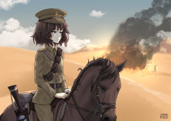 Rule 34 | 1girl, akiyama yukari, artist name, belt, black belt, blue sky, brown eyes, brown hair, closed mouth, cloud, cloudy sky, commentary, commission, dated, day, desert, english commentary, epaulettes, frown, girls und panzer, green jacket, green pants, gun, half-closed eyes, hat, horizon, horse, horseback riding, jacket, long sleeves, looking to the side, messy hair, military, military hat, military uniform, nyaxxy, outdoors, pants, peaked cap, pouch, riding, rifle, sam browne belt, short hair, signature, sky, smoke, solo, uniform, weapon, world war i