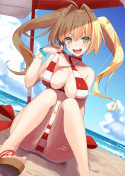 Rule 34 | 1girl, :d, ahoge, bare arms, bare legs, bare shoulders, beach, beach umbrella, bikini, blonde hair, blue sky, blurry, blush, bracelet, breasts, cleavage, cloud, collarbone, criss-cross halter, day, depth of field, dutch angle, earrings, fate/grand order, fate (series), foreshortening, green eyes, hair intakes, halterneck, hand on own thigh, hand up, highres, horizon, jewelry, knees up, large breasts, long hair, looking at viewer, mirea, navel, nero claudius (fate), nero claudius (fate) (all), nero claudius (swimsuit caster) (fate), ocean, open mouth, outdoors, pulling own clothes, round teeth, sandals, shore, side-tie bikini bottom, sitting, sky, smile, solo, strap pull, striped bikini, striped clothes, swimsuit, teeth, twintails, umbrella, unaligned breasts, v-shaped eyebrows, water